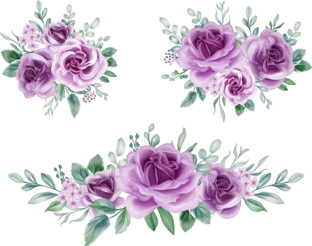 Purple Rose Aquarel bloemstuk boeket Luxe bloemen lila elementen botanische achtergrond of behang ontwerp prints en uitnodigingen en ansichtkaarten