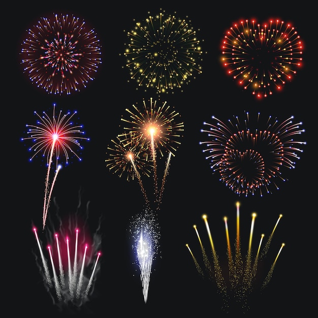 Pyrotechniek en vuurwerk dat met showsymbolen op zwarte realistische geïsoleerde vectorillustratie wordt geplaatst als achtergrond