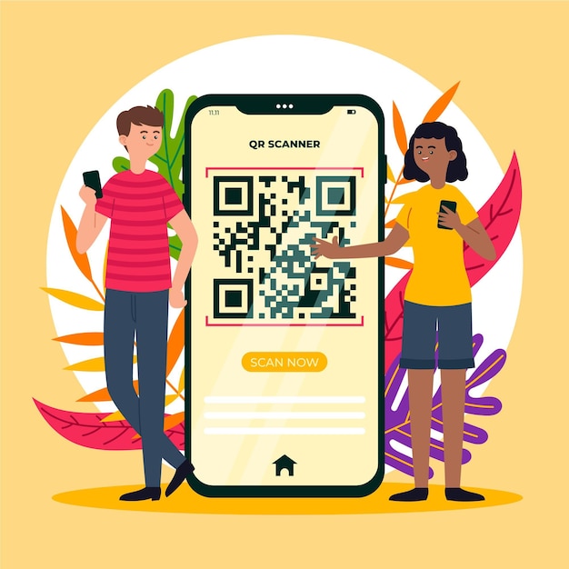 Gratis vector qr-code scannen concept met karakters