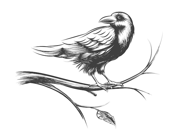 Raaf of zwarte kraai schetsen en silhouetten. Dierlijke vogel op de illustratie van de takboom