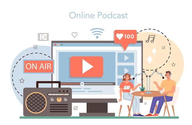 Radiohost online service of platform Idee van nieuwsuitzendingen in de studio Radio DJ interviewt een persoon Online podcast Platte vectorillustratie