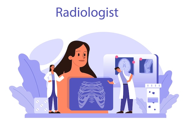 Radioloog concept arts onderzoeken Xray beeld van menselijk lichaam met computertomografie MRI en echografie Idee van gezondheidszorg en ziekte diagnose geïsoleerde vectorillustratie in cartoon stijl