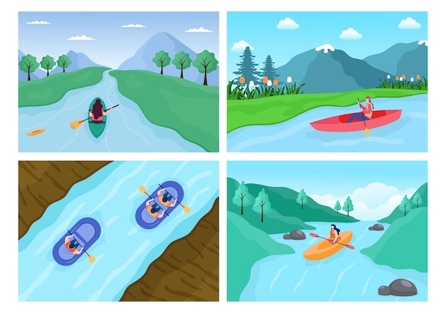 Raften, kanoën, kajakken in de rivier vectorillustratie Premium Vector