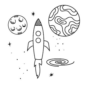 Raket in het ruimteuniversum tussen planeten en sterren. cartoon-stijl. vector illustratie