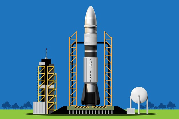 Raketten worden van het station naar de ruimte gelanceerd. Raketlancering geïsoleerde set. illustratie in 3D-stijl