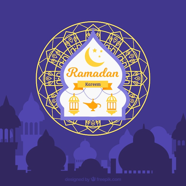 Gratis vector ramadan achtergrond met lampen en ornamenten