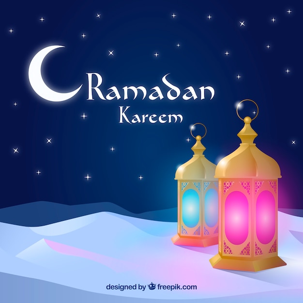 Gratis vector ramadan achtergrond met lampen en ornamenten