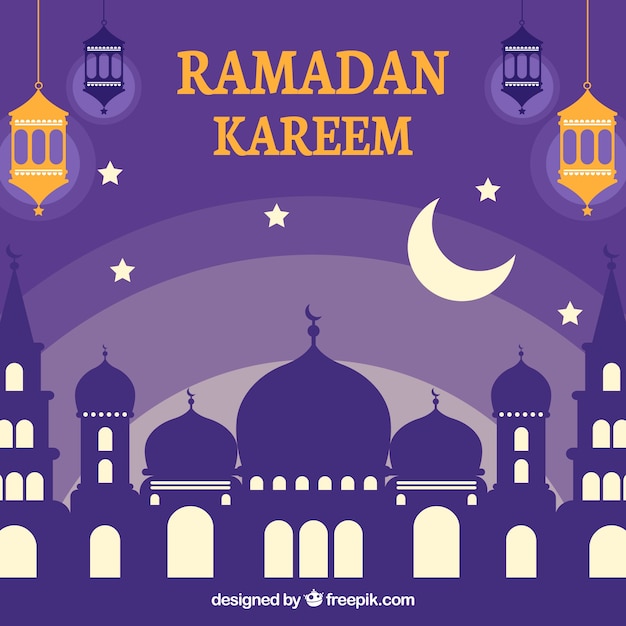 Gratis vector ramadan achtergrond met moskee in vlakke stijl