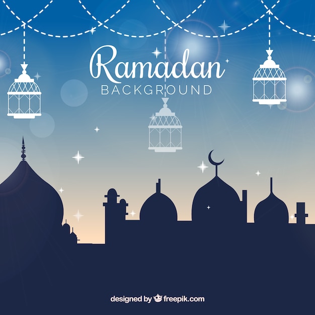 Ramadan achtergrond met moskee in vlakke stijl