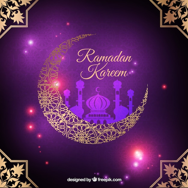 Gratis vector ramadan achtergrond met moskee op de maan vorm