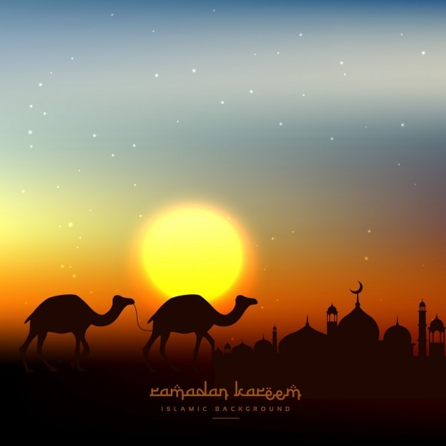 Gratis vector ramadan kareem achtergrond in de avondlucht met zon