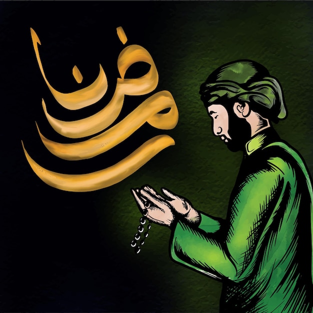 Ramadan kareem achtergrond man bidden met behulp van gebed kralen vectorillustratie