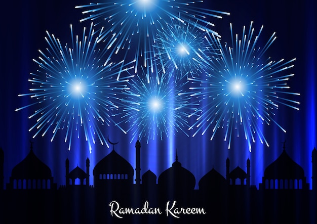 Ramadan kareem achtergrond met moskeesilhouet en vuurwerk in de hemel