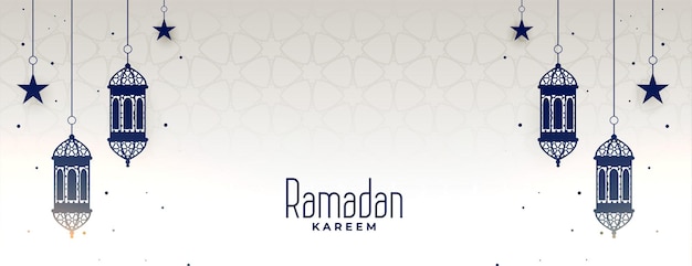 Gratis vector ramadan kareem-banner met hangende lamp en sterren