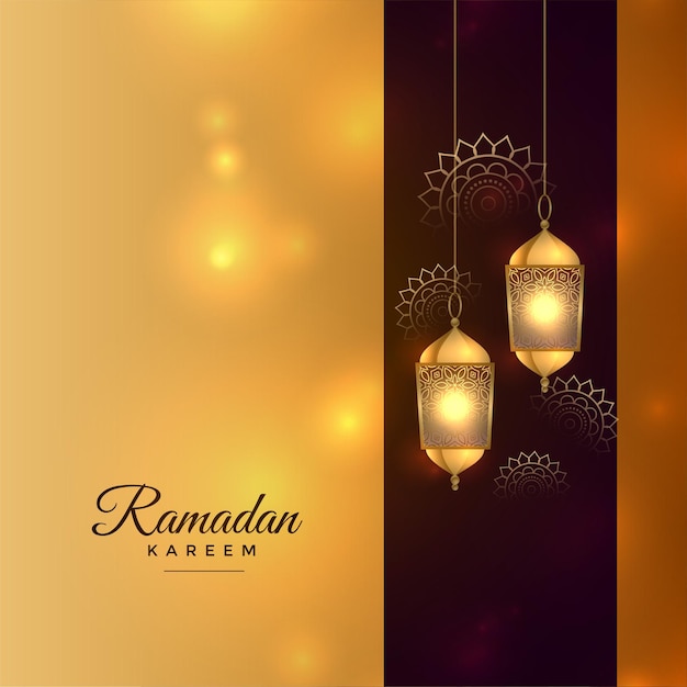 Gratis vector ramadan kareem gouden festivalkaart met islamitische lantaarnachtergrond