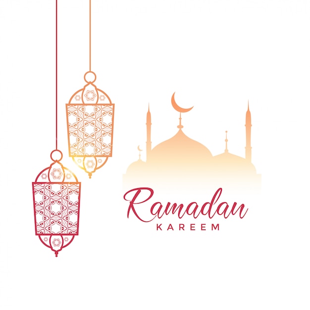 Ramadan Kareem groet ontwerp met hangende lampen en moskee