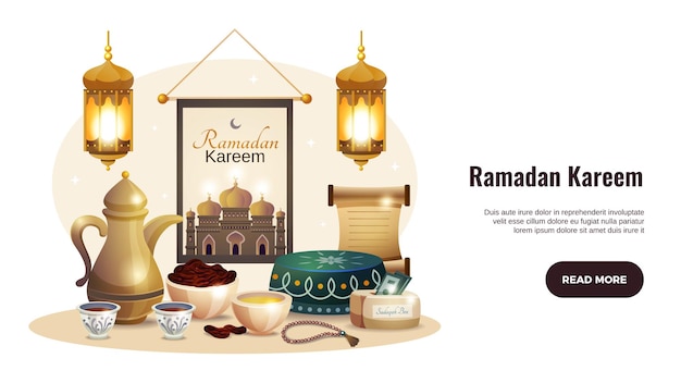 Ramadan kareem horizontale banner met gloeiende lantaarns en traditionele voedselillustratie