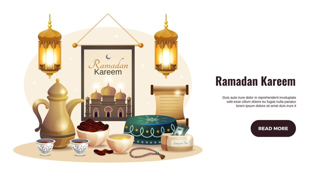 Ramadan kareem horizontale banner met gloeiende lantaarns en traditionele voedselillustratie