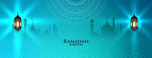 Ramadan Kareem islamitische traditionele glanzende blauwe banner