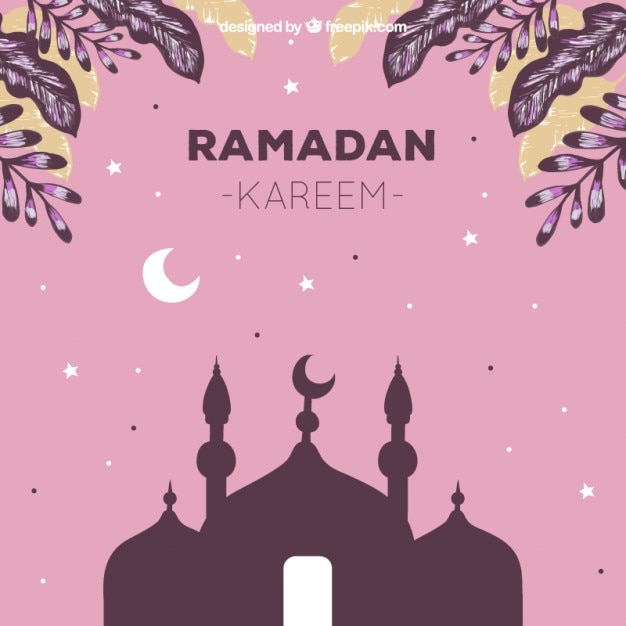 Gratis vector ramadan kareem kaart met moskee en bladeren