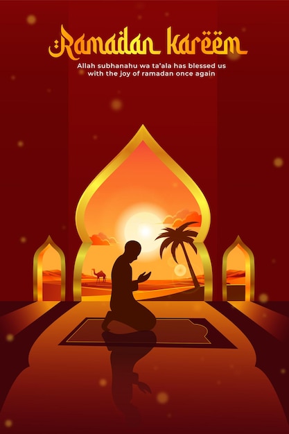 Ramadan kareem met gebed en moskee instagram story illustratie design template