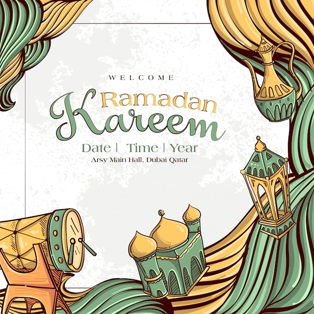 Ramadan Kareem met hand getrokken islamitische illustratie sieraad op witte grunge achtergrond