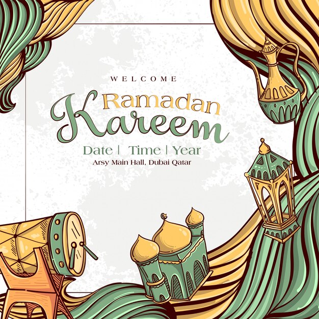 Ramadan Kareem met hand getrokken islamitische illustratie sieraad op witte grunge achtergrond