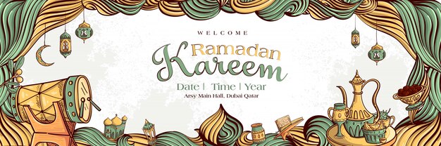 Ramadan Kareem met hand getrokken islamitische illustratie sieraad op witte grunge achtergrond