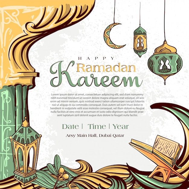 Ramadan Kareem met hand getrokken islamitische illustratie sieraad op witte grunge achtergrond