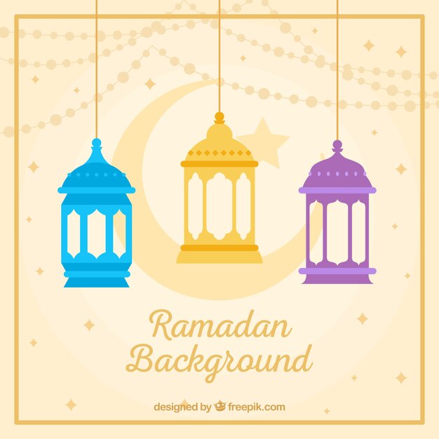 Gratis vector ramadanachtergrond met kleurrijke lampen en ornamenten