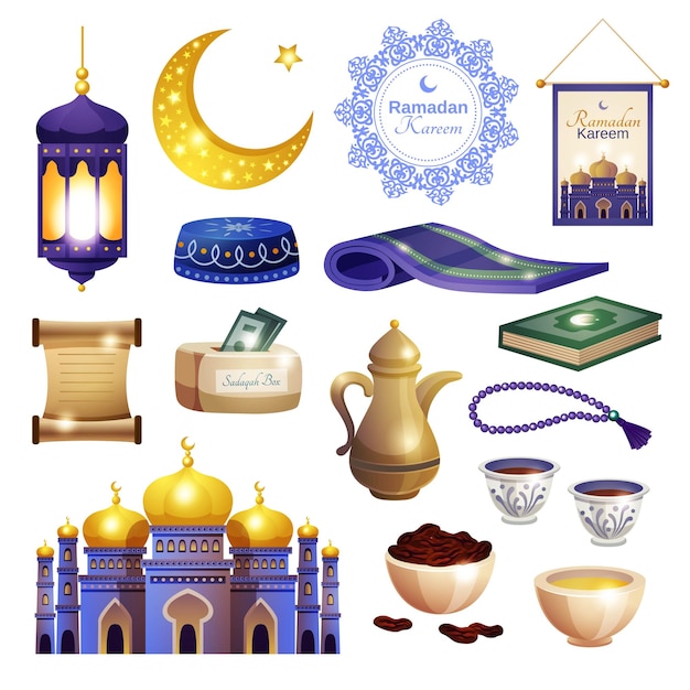Ramadanreeks geïsoleerde pictogrammen met moskee en koranboeken met schotels theepot en gebedskralen vectorillustratie