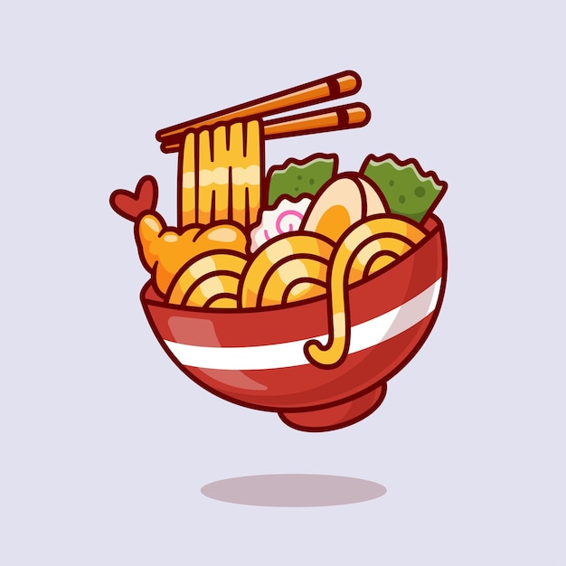 Gratis vector ramen noodle met gebakken garnalen en eetstokjes cartoon vector icon illustratie voedsel object geïsoleerd