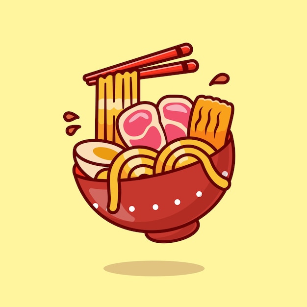 Gratis vector ramen noodle met steak meat en chopstick cartoon vector icon conceptie illustratie food object icon