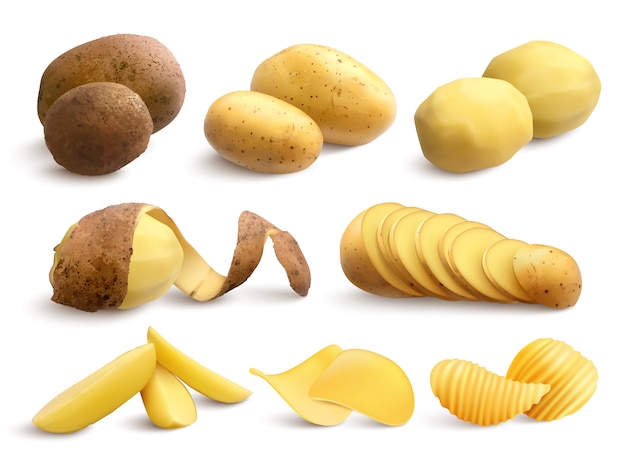 Gratis vector rauwe en gebakken aardappel set van ruwe behandelde gehakt en chips realistisch