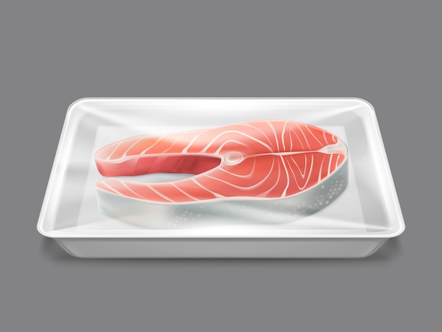 Gratis vector rauwe vis verpakt verse zalm steak zeevruchten product