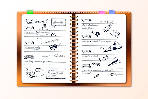 Realistisch bullet journal met doodle tekeningen