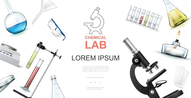 Realistisch chemisch laboratoriumconcept met microscoop reageerbuizen kolven beschermende glazen spirituslamp