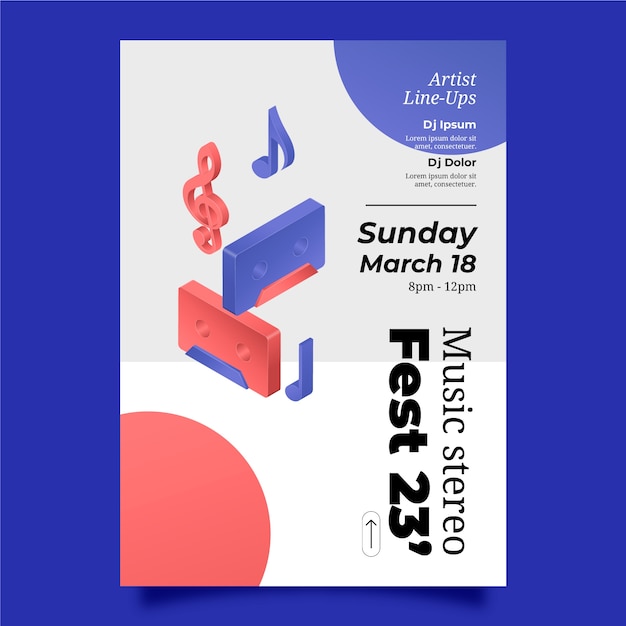 Gratis vector realistisch en plat posterontwerp van muziekfestival