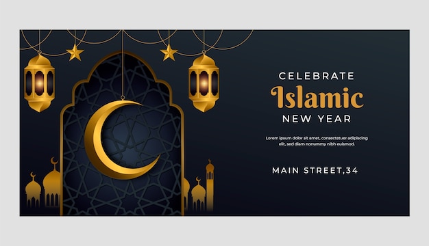 Realistisch horizontaal bnner-sjabloon voor islamitische nieuwjaarsviering