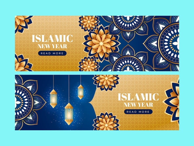 Gratis vector realistisch horizontaal spandoeksjabloon voor islamitische nieuwjaarsviering