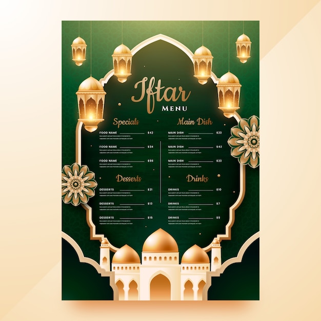 Gratis vector realistisch iftar-menusjabloon voor ramadan-viering