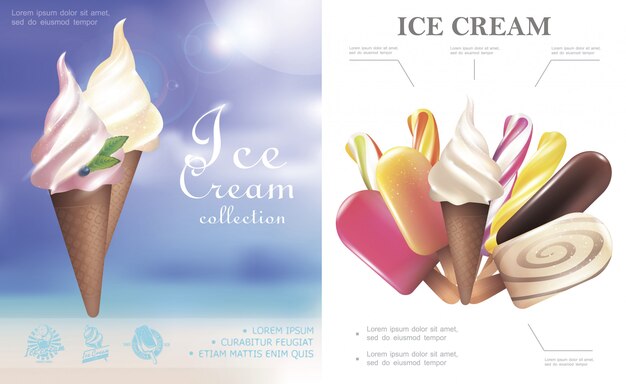 Realistisch ijsconcept met smakelijke ijsjes van lolly's popsicle in wafelkegels en op stok