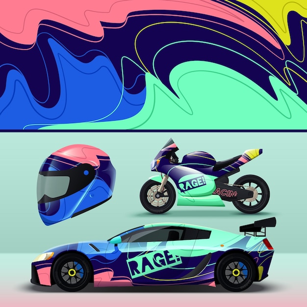 Realistisch kleuren abstract livreimodel voor racevoertuigen en helm geïsoleerde vectorillustratie