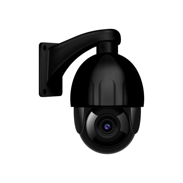 Realistisch pictogram met zwarte videobewakingscamera op witte vectorillustratie als achtergrond