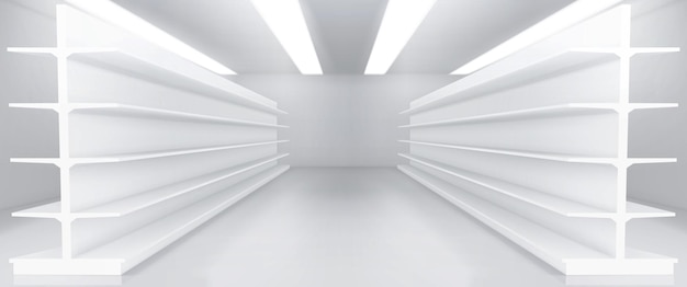 Gratis vector realistisch supermarktinterieur met witte planken