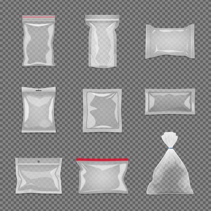 Gratis Vector realistisch transparant pakket dat in verschillende geïsoleerde vorm wordt geplaatst