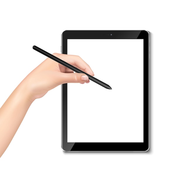 Gratis vector realistisch vectorpictogram geïsoleerd op witte achtergrond ui ux-sjabloon tablet met hand met pen