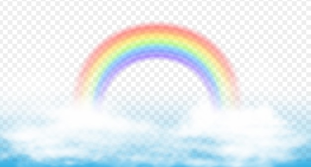 Gratis vector realistisch vectorpictogram. kleurrijke regenboog op witte wolken.