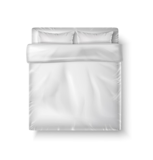 realistisch vectorpictogram Witte lakens bovenaanzicht van kingsize bed met twee kussens en dekbed