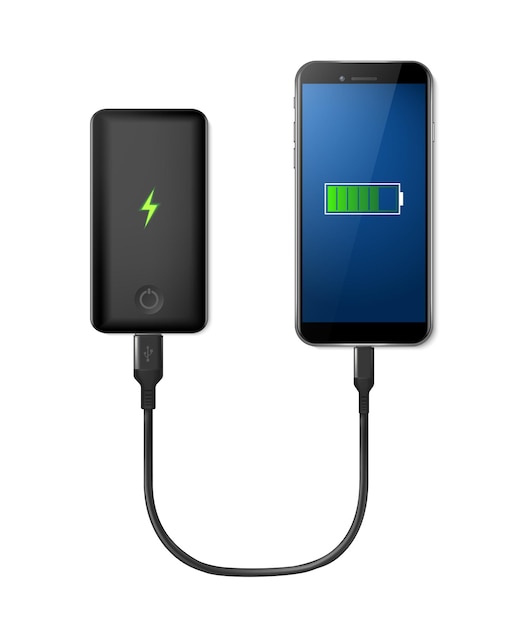 Gratis vector realistisch vectorpictogram zwarte powerbank die smartphone oplaadt geïsoleerd op witte achtergrond